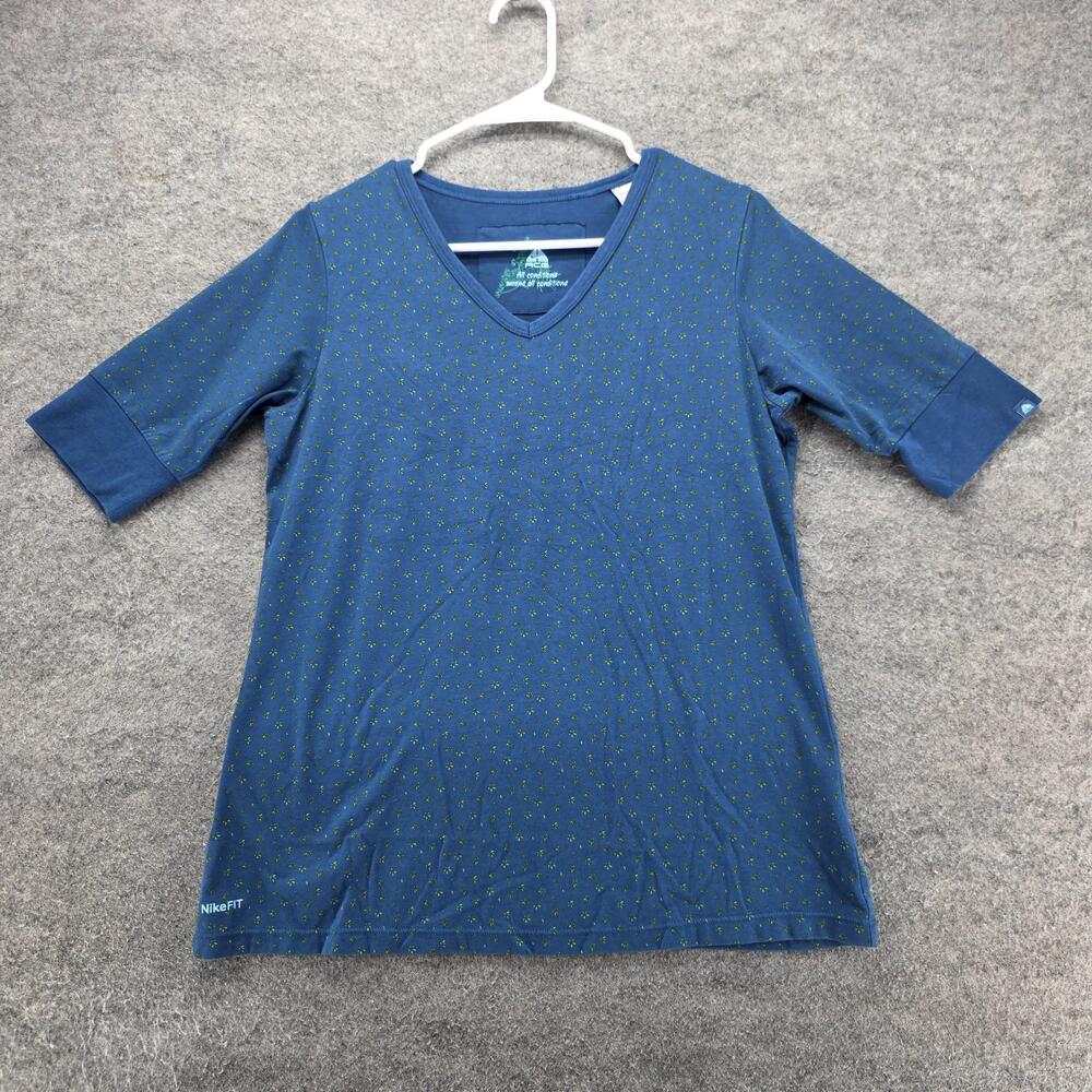 Nike T-Shirt Womens Large 12-14 Blue Floral V-Neck Tunic 3/4 Sleeve NikeFIT ACG